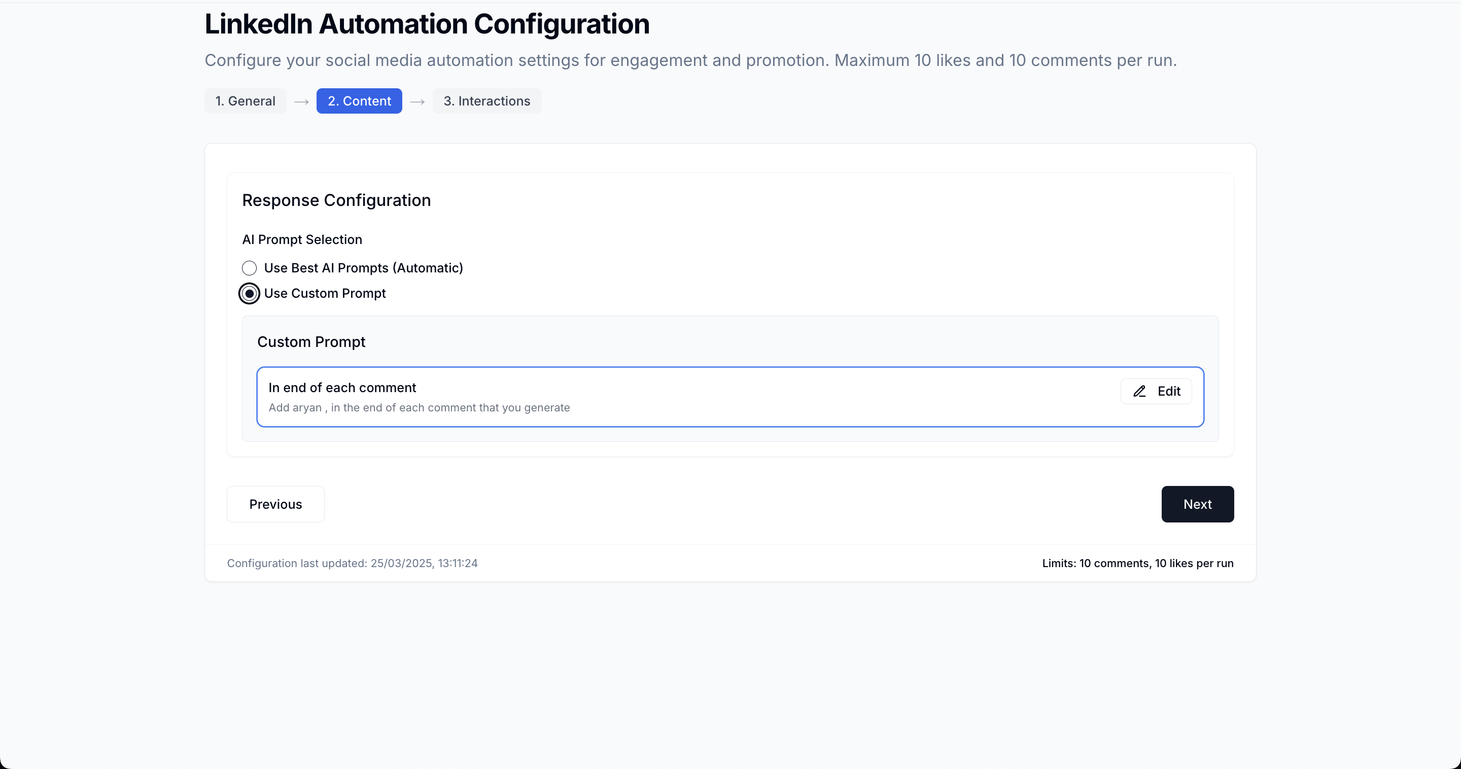 LinkedIn Configuration - Content Tab