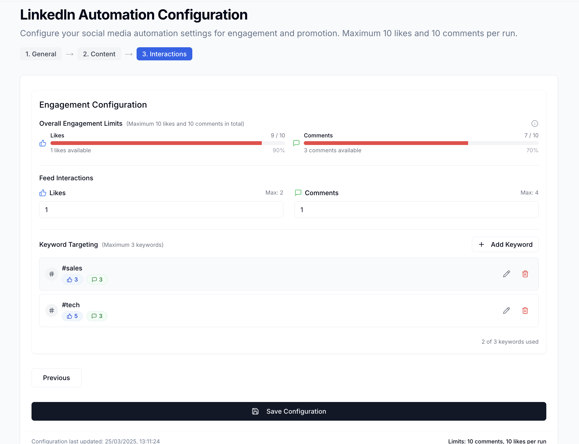 LinkedIn Configuration - Content Tab